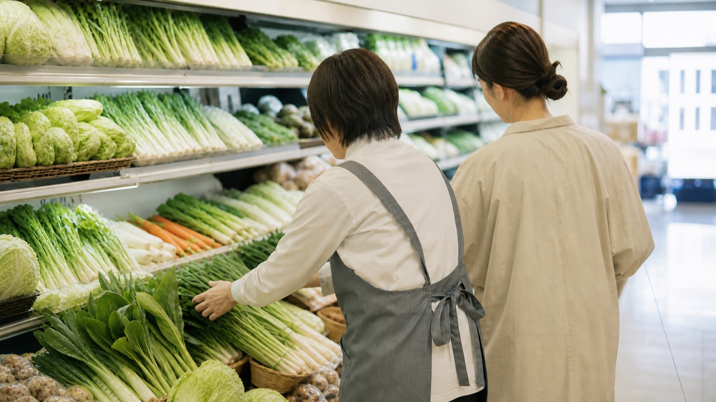 スーパーの売り場で、商品を並べている人のそばに職員が立っている様子