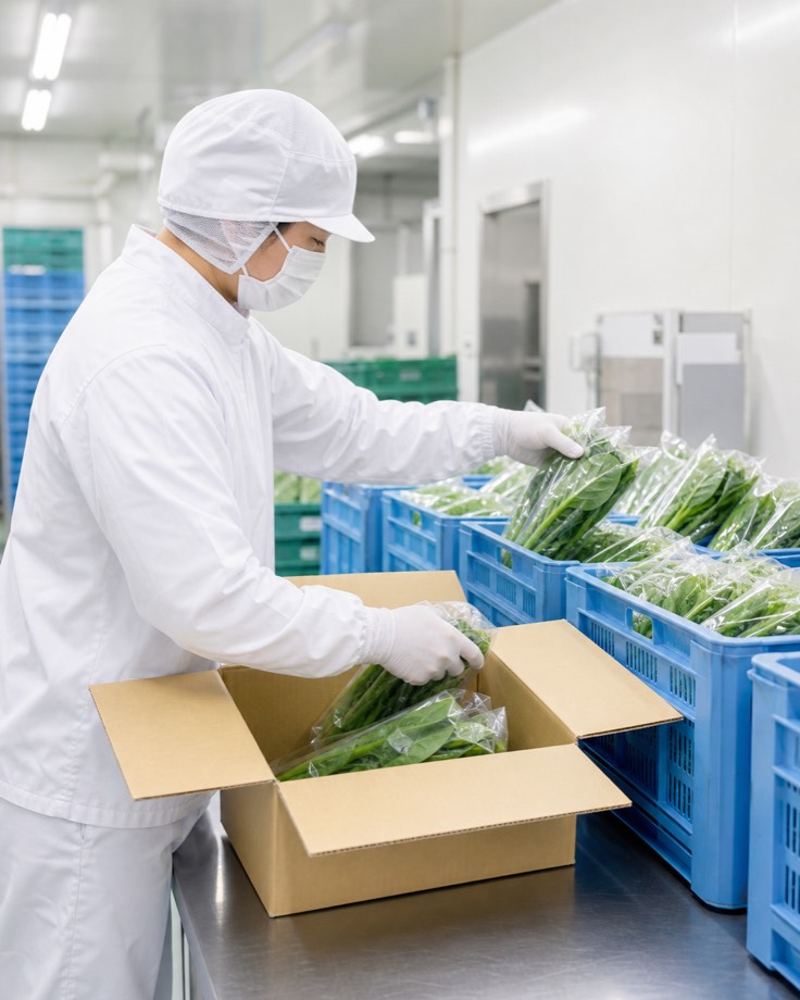 食品加工工場で野菜を箱に入れている様子