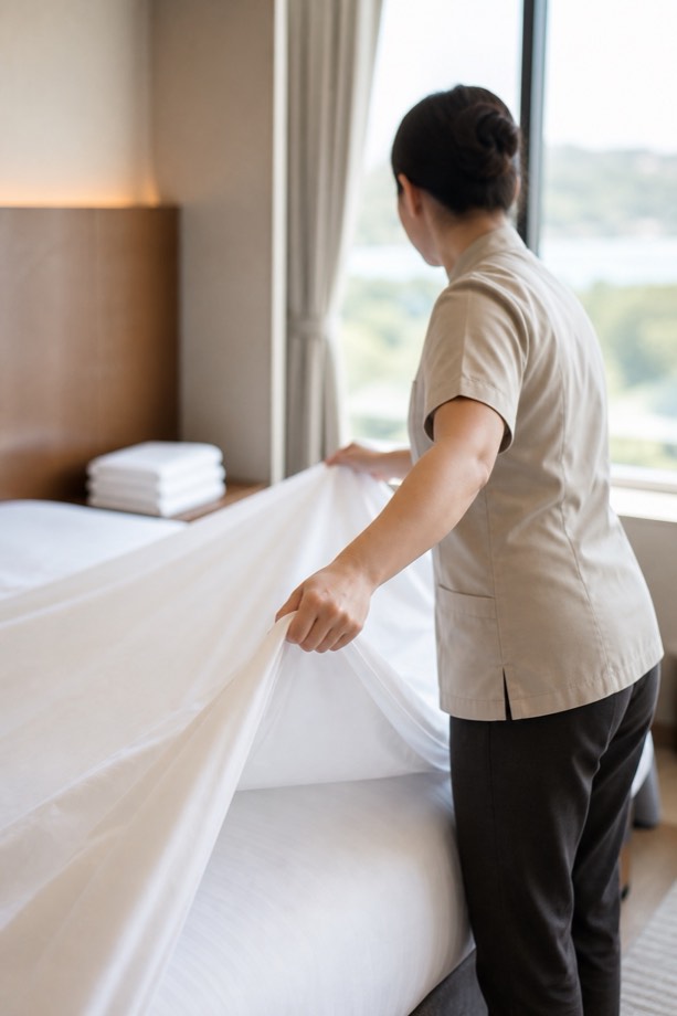 ホテルの客室でシーツを広げている様子