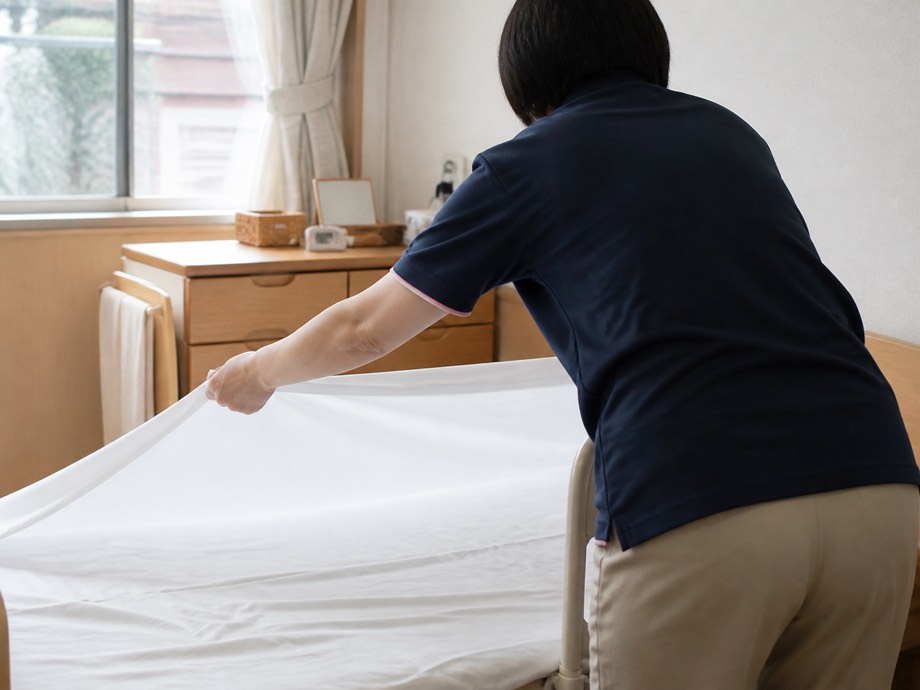 居室でベッドメイキングをしている様子