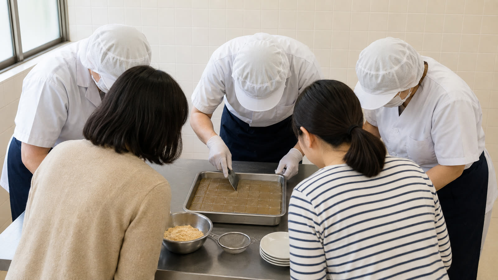 厨房でわらびもちを切り分けている手元と、うしろで見学している人たち